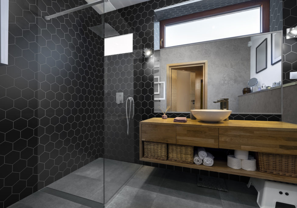 Modern interior design - bathroom in gray and wooden finishing